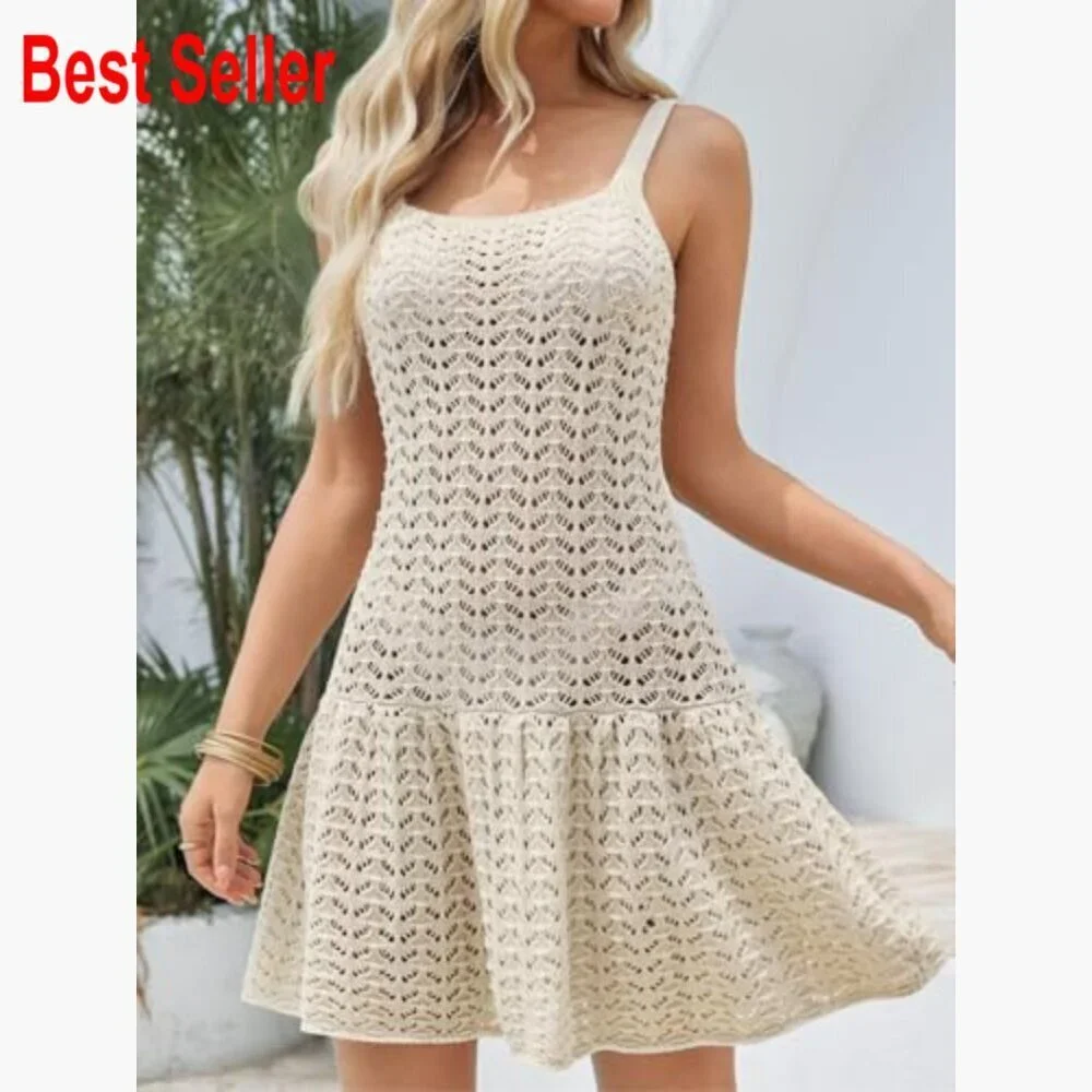 Crochet Hollow Out Swimsuit Cover Up Beach Dress Sleeveless